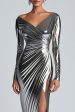 Silver Metallic Satin Ruched Sheath Formal Dress with Slit on Sale