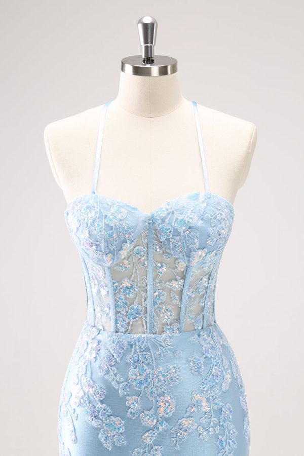 Blue Spaghetti Straps Corset Applique Tight Homecoming Dress with Sequins For Discount