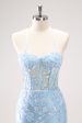 Blue Spaghetti Straps Corset Applique Tight Homecoming Dress with Sequins For Discount