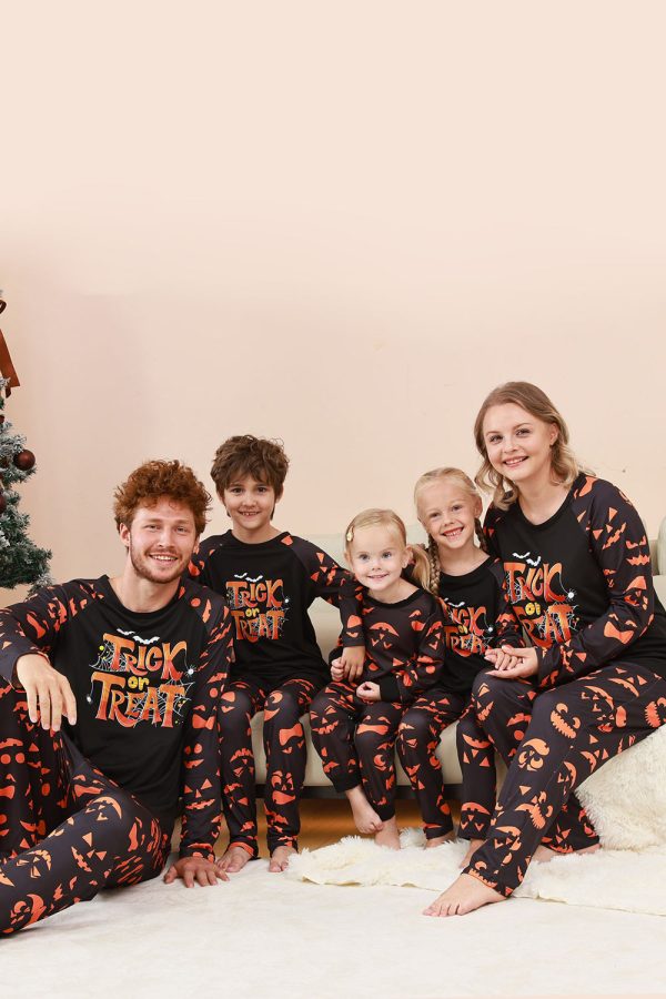 Black Trick or Treat Printed Halloween Family Pajamas Set Online now