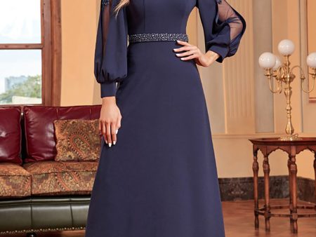 A-Line Long Sleeves Navy Mother of the Bride Dress with Beading For Cheap