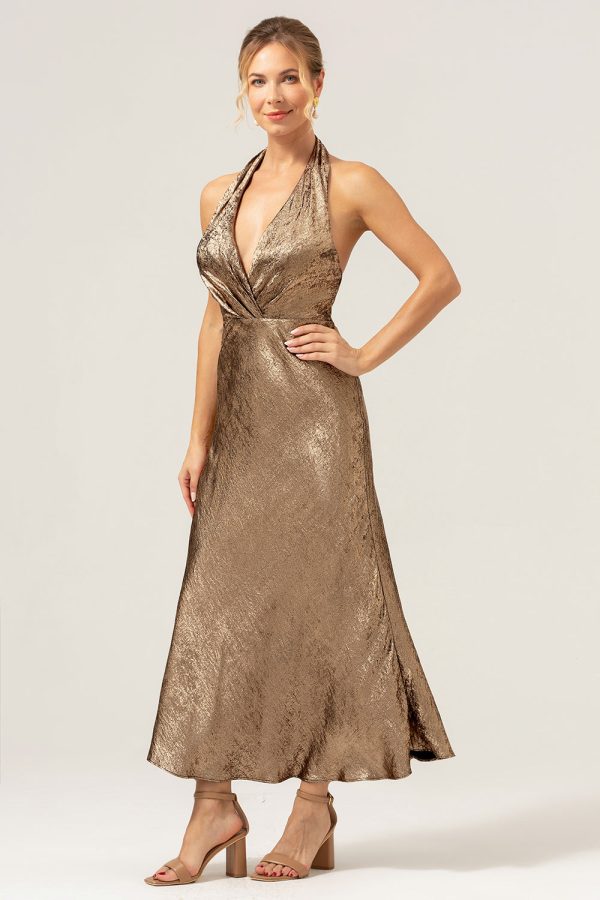 Golden Mermaid Halter Neck Backless Tea Length Bridesmaid Dress Online