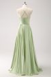 Light Green A-Line Halter Hollow Out Satin Bridesmaid Dress with Flower Online Hot Sale