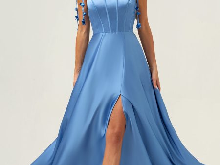 Blue A Line Spaghetti Straps Corset Satin Long Bridesmaid Dress with Slit Cheap