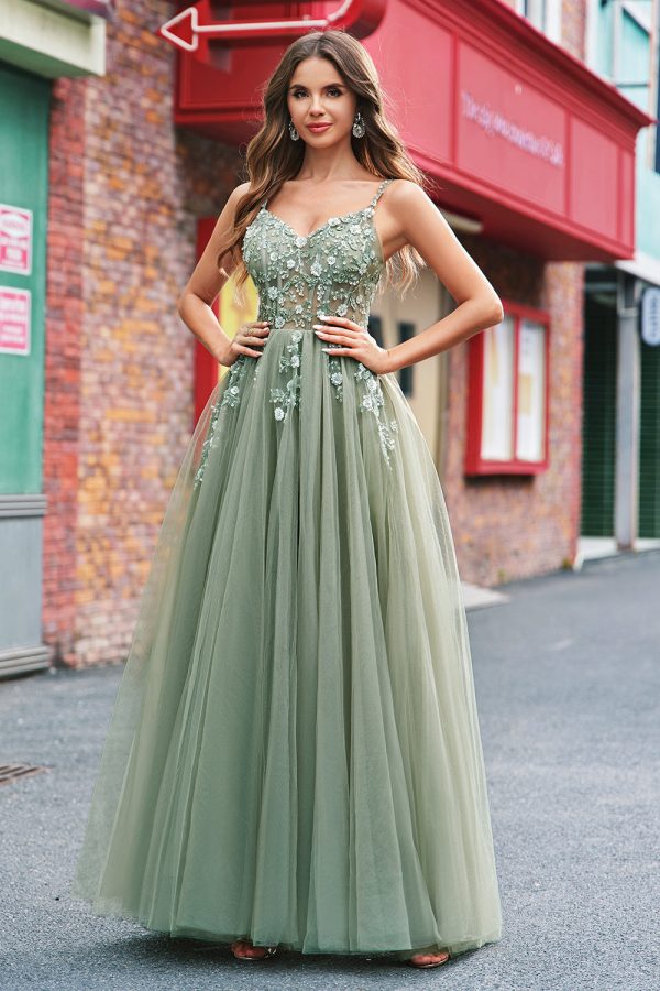 Green A Line Corset Sequin Tulle Long Prom Dress with Lace Up Back Online now