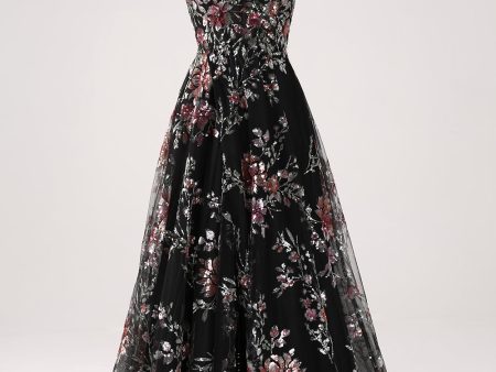 Black A-Line Flower Sequins Long Corset Prom Dress For Sale