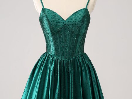 Dark Green A-Line Spaghetti Straps Corset Pleated Homecoming Dress For Cheap