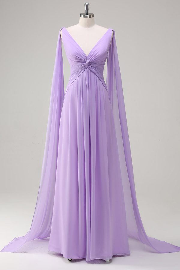 Elegant Lilac Chiffon A-Line Gown with Flowing Cape Sleeves on Sale