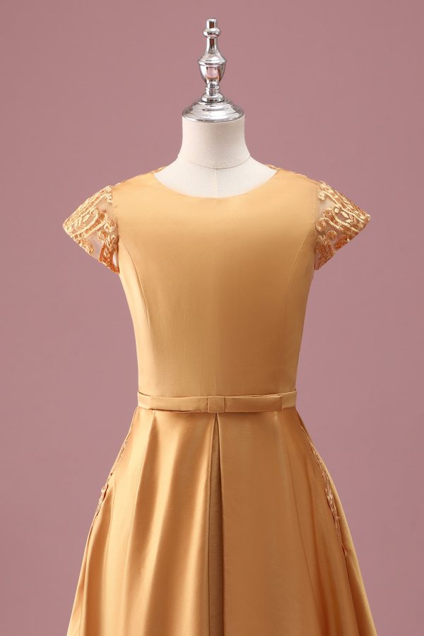 Golden Round Neck Chiffon A Line Short Sleeves Junior Bridesmaid Dress Supply