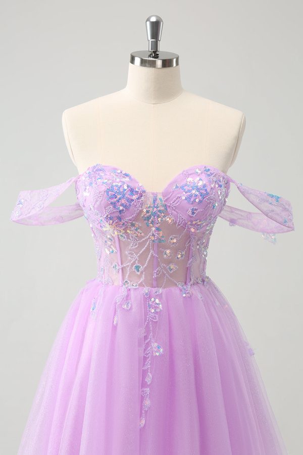 A Line Lilac Off the Shoulder Sequined Homecoming Dress on Sale