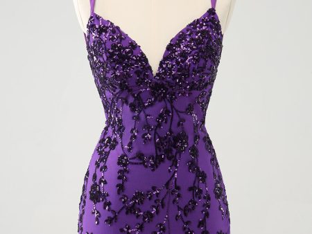 Sparkly Purple Spaghetti Straps Tight Short Homecoming Dress with Appliques Supply