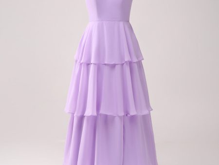 A Line Spaghetti Straps Tiered Chiffon Lilac Bridesmaid Dress with Slit For Cheap