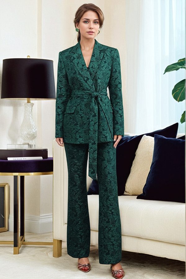 Dark Green 2 Piece 3D Flowers Women s Formal Suits with Belt For Cheap