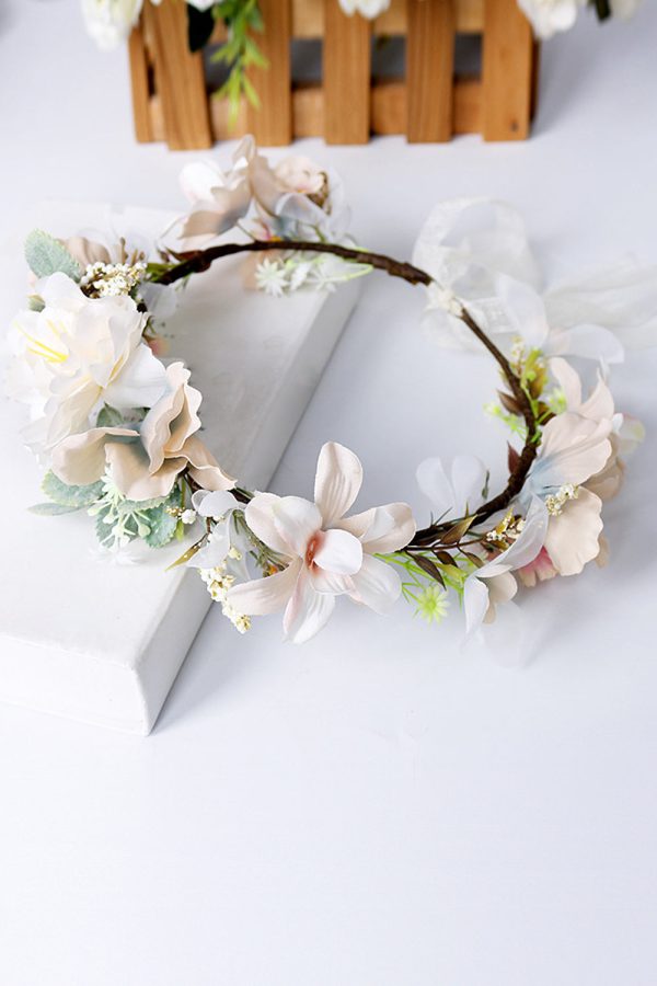 Champagne Floral Wreath Garland Bride Headband with Ribbon Hot on Sale