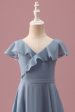 Dusty Blue Chiffon V Neck Wrap Short Junior Bridesmaid Dress with Flutter Sleeves Discount