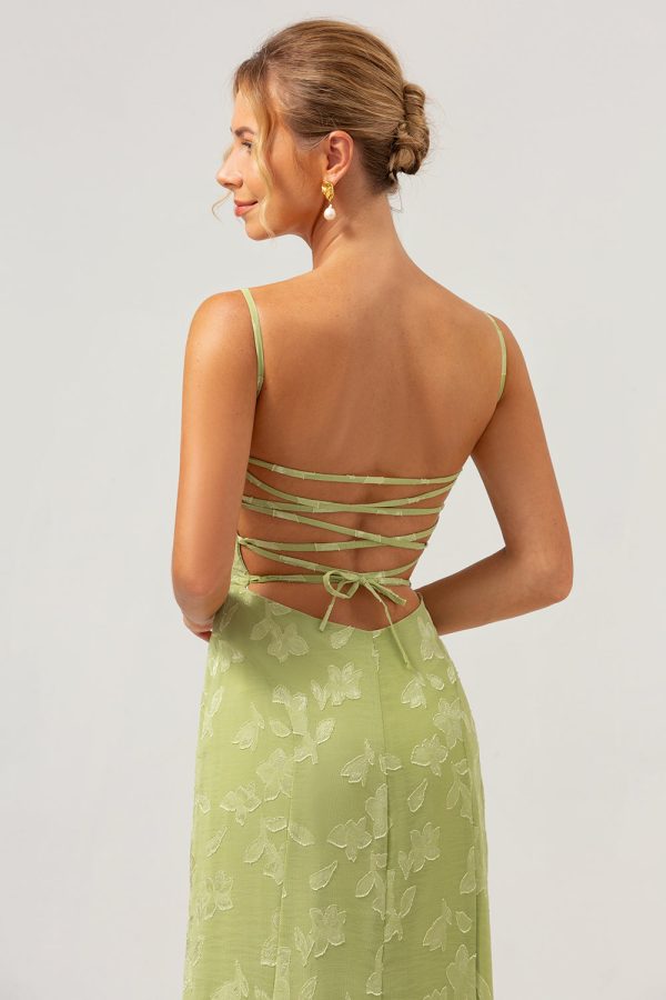 Green Mermaid Spaghetti Straps Embroidered Bridesmaid Dress with Lace Up Back Online Hot Sale