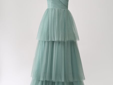 Grey Green A Line Off the Shoulder Tiered Tulle A Line Prom Dress Discount