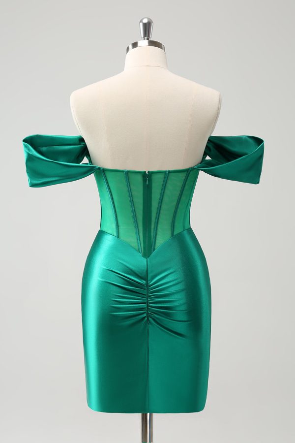 Green Off the Shoulder Satin Tight Homecoming Dress with Beading For Cheap