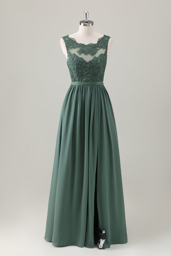 Eucalyptus A-Line Lace Long Bridesmaid Dress with Slit Fashion