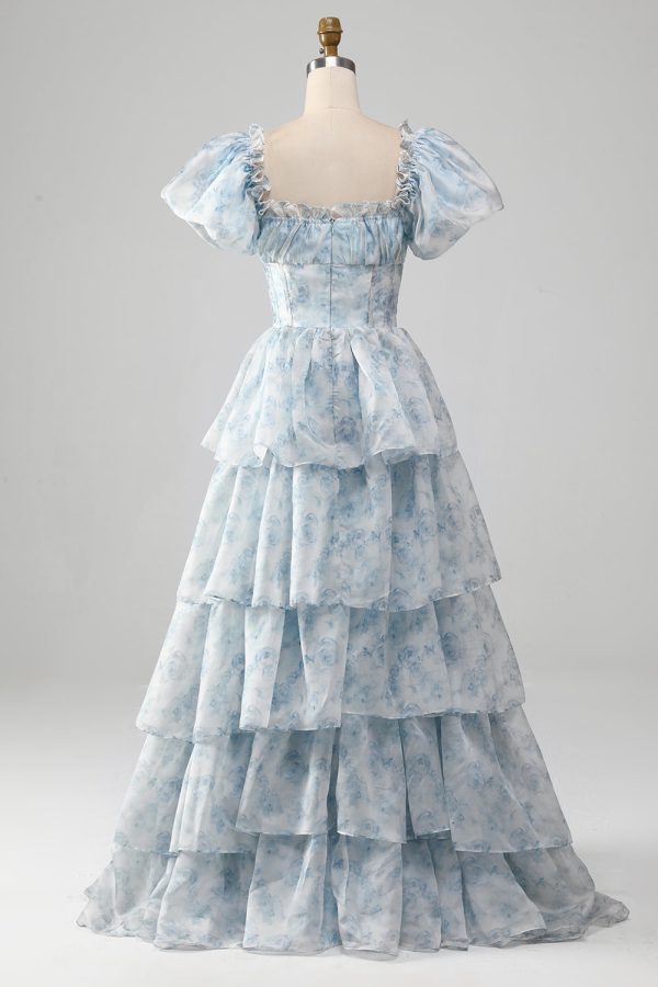 A Line Square Neck Light Blue Tiered Prom Dress with Ruffles Online now