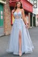 A Line Tulle Spaghetti Straps Corset Applique Blue Prom Dress with Slit Online