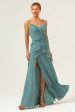 Eucalyptus Sheath Spaghetti Straps Ruffle Long Bridesmaid Dress with Slit Supply