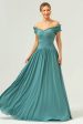 A-Line Off The Shoulder Pleated Chiffon Green Long Bridesmaid Dress Cheap