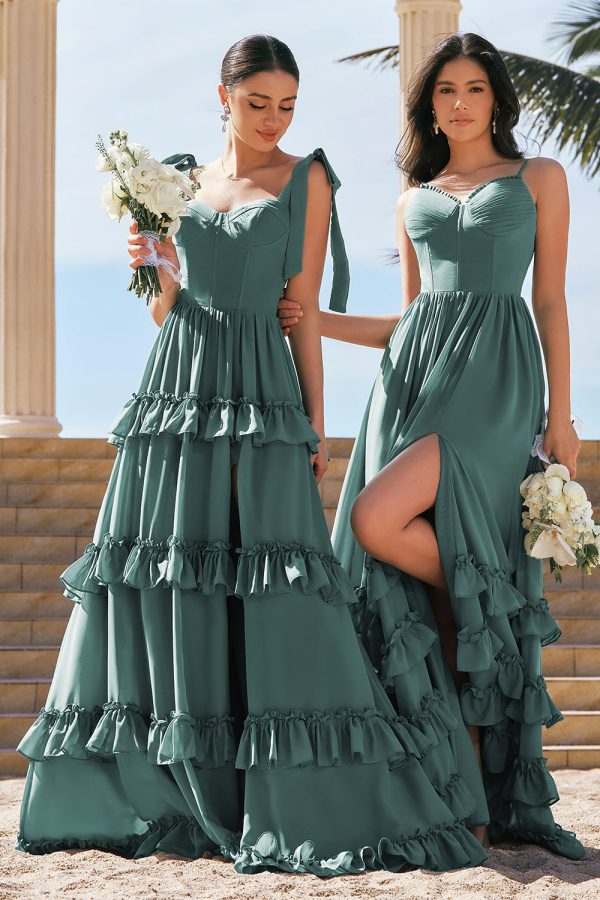 Eucalyptus A-Line Corset Ruched Chiffon Long Bridesmaid Dress with Slit Hot on Sale