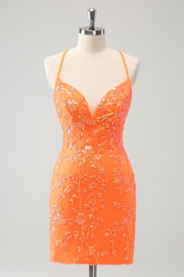 Sparkly Orange Lace-Up Back Tight Short Homecoming Dress with Sequins Online Hot Sale