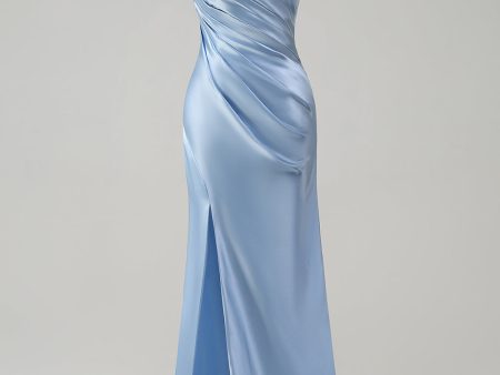 Elegant Sky Blue Sheath Pleated Satin Long Bridesmaid Dress With Slit For Cheap