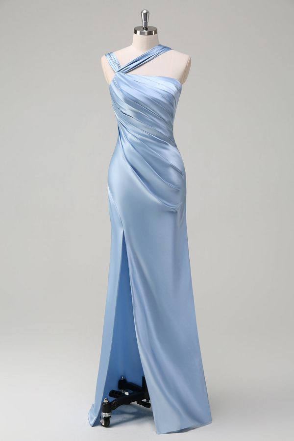 Elegant Sky Blue Sheath Pleated Satin Long Bridesmaid Dress With Slit For Cheap