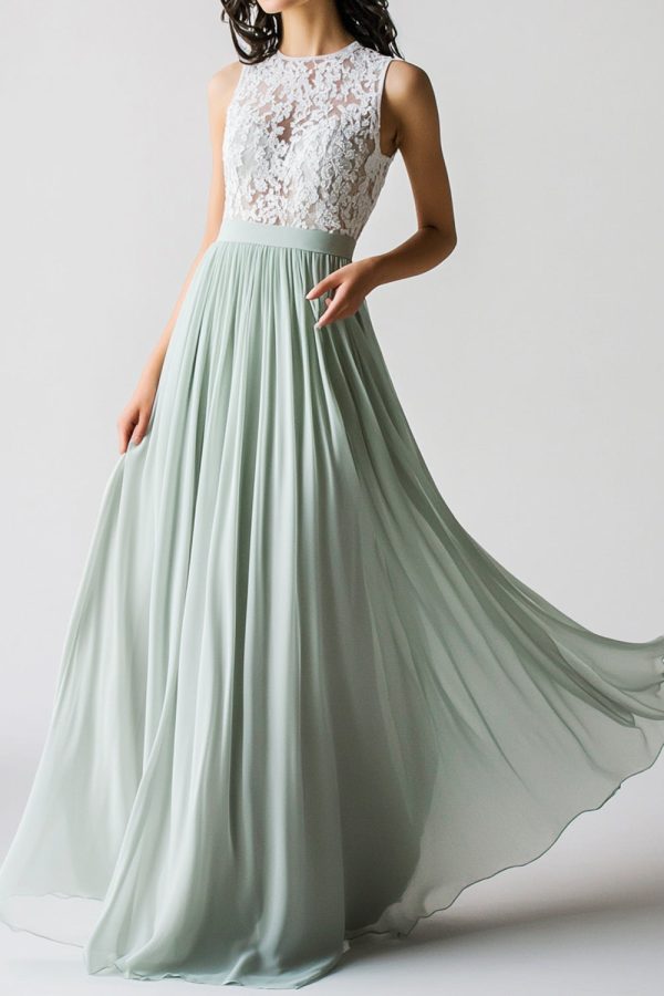 Dusty Sage Lace Chiffon A Line Bridesmaid Dress Online Sale