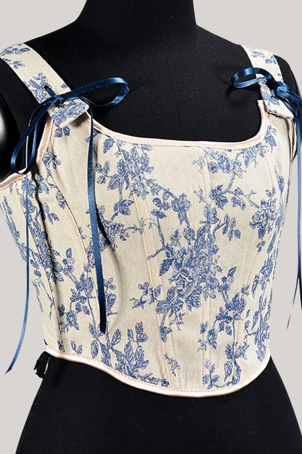 Blue Flower Lace-Up Back Corset Bustier Top Online Hot Sale