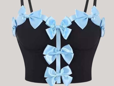 Black Spaghetti Straps Corset Bustier Top with Blue Bows For Sale