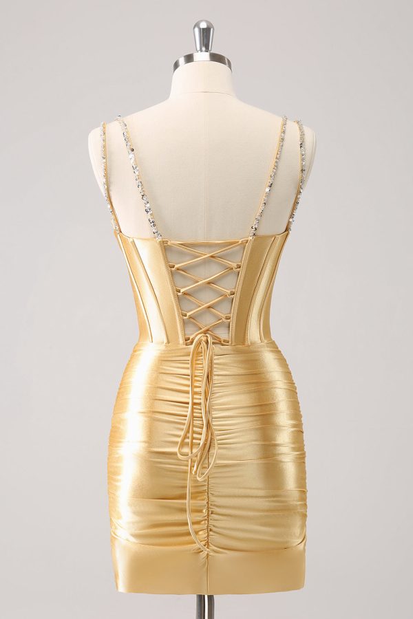 Golden Spaghetti Straps Bodycon Homecoming Dress with Sequins Cheap