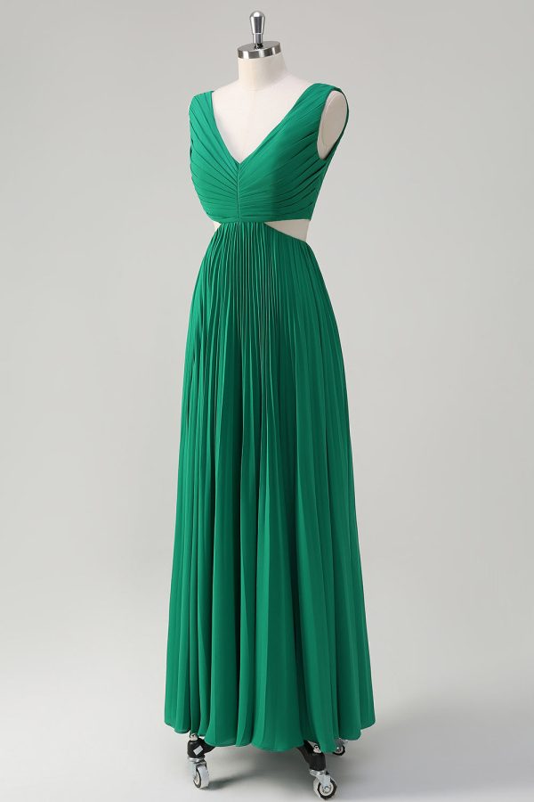 Green A-Line V Neck Ruched Chiffon Knee Length Bridesmaid Dress For Sale