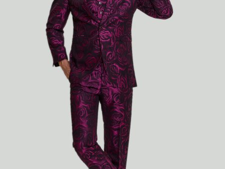 Fuchsia Floral Jacquard 3 Piece Men s Prom Suits Supply