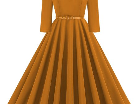 Yellow Round Neck Short Sleeves A-Line Midi 1950s Dress with Belt Online now