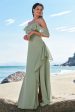 Light Green Mermaid Off the Shoulder Long Bridesmaid Dress with Ruffle Slit Online Hot Sale