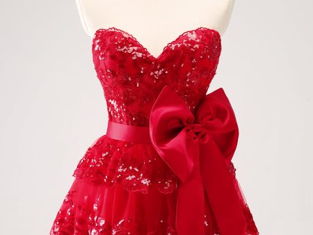 Sparkly Red A-Line Strapless Tiered Sequins Homecoming Dress with Bow Online