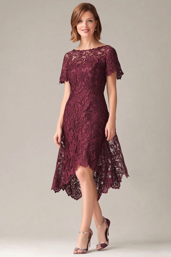 Burgundy Sheath Lace Short Sleeves Hi-Low Mother of the Bride Dress Fashion