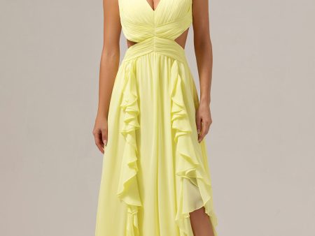 Lemon Yellow A Line Cut Out Lace Up Back Long Bridesmaid Dress with Ruffles Online now