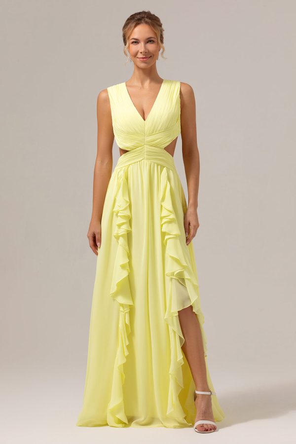 Lemon Yellow A Line Cut Out Lace Up Back Long Bridesmaid Dress with Ruffles Online now