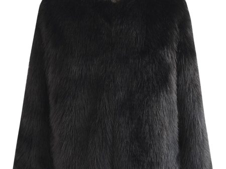 Black Fluffy Round Neck Faux Fur Long Sleeves Coat Sale