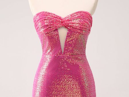 Fuchsia Hollow Out Strapless Sequins Tight Homecoming Dress with Slit Cheap