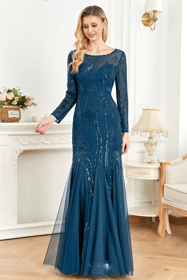 Sparkly Ink Blue Appliques Beads Long Sleeves Round Neck Mother Of The Bride Dress For Sale