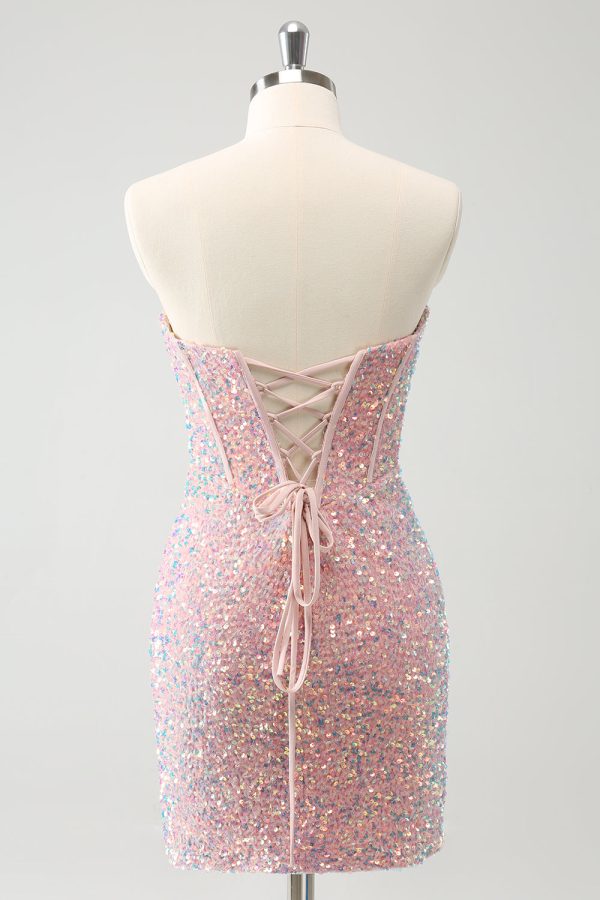 Sparkly Strapless Light Pink Tight Short Homecoming Dress with Sequins on Sale