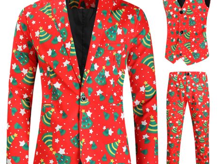 Red Christmas Green Tree Printed 3 Pieces Men s Festival Suits on Sale