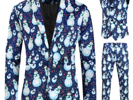 Light Blue 3-Pieces Snowman Printed Men s Christmas Party Suits Online Hot Sale