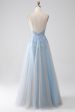 A-Line Spaghetti Straps Grey Blue Prom Dress with Beading Online Hot Sale